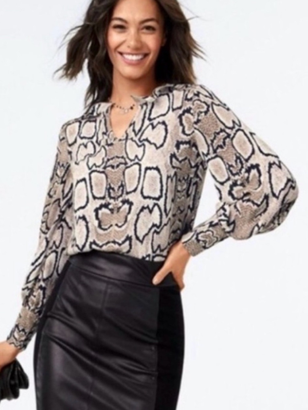 CAbi Snake Print Long Sleeve Blouse with Ruffle Collar in Black and Cream